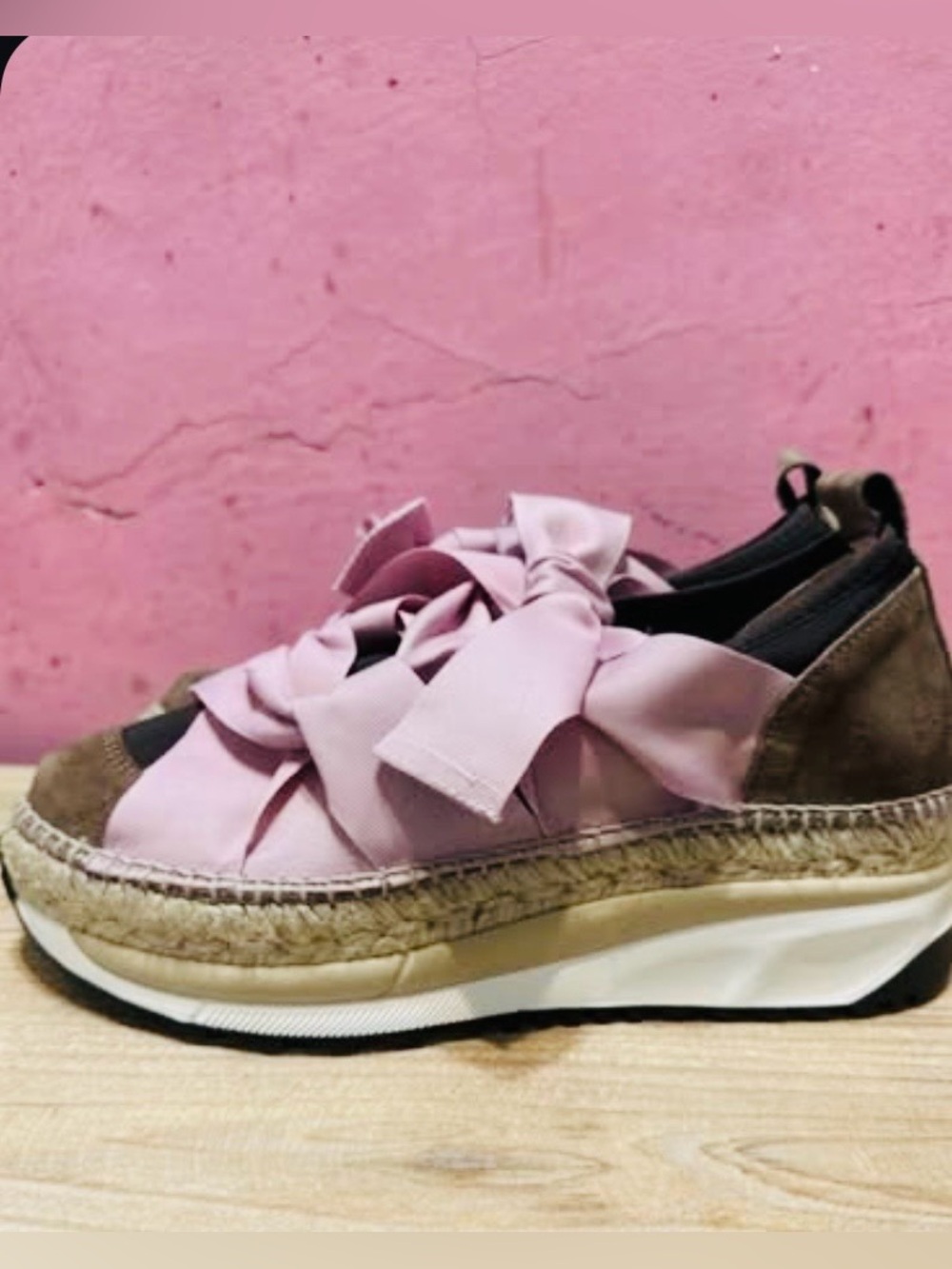 BRAND NEW:  Free People Mauve Bow Espadrille Platform Sneaker with Brown Trim